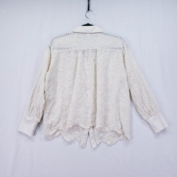 NY Collection Cream Lace Floral Collar Button Down Preppy Top Size M - Picture 10 of 13